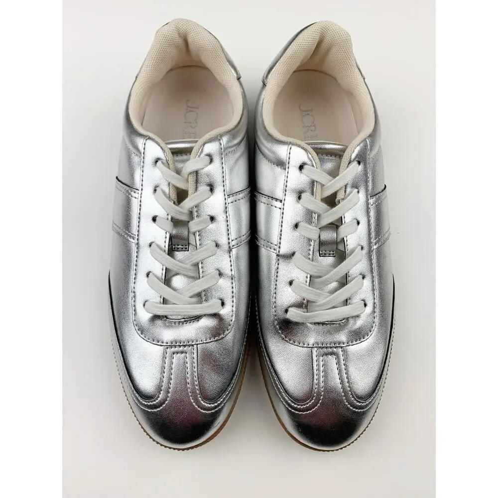 J Crew Field Sneakers Metallic Silver Faux Leather Women's 9 Extra Wide Casual